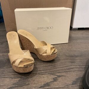 Jimmy Choo Perfume Patent Leather Crisscross Cork Leather Wedge Slide Nude 36